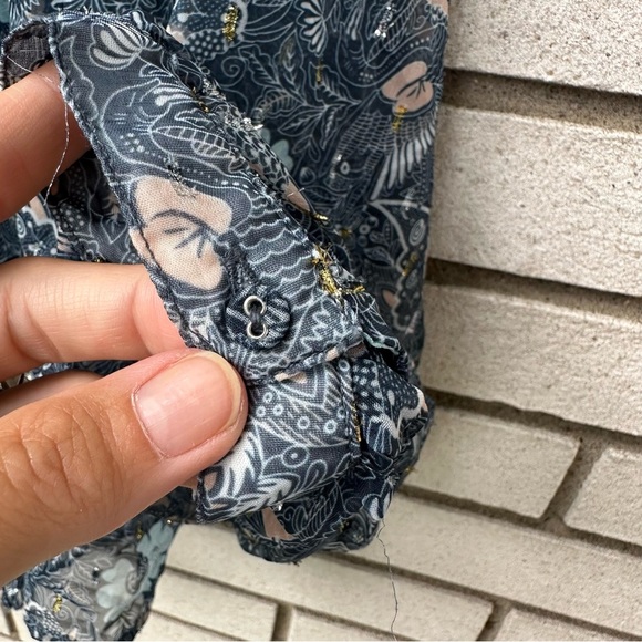 Anthropologie Let Me Be Blue Floral Sheer Chiffon Blouse M Puffed Sleeves Boho - Picture 9 of 14